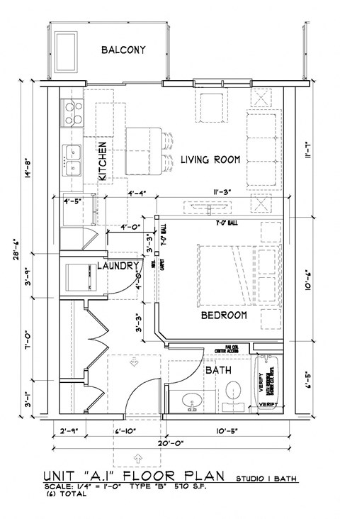 Floor plan for 1 bed, 1 bath, 570 sqft